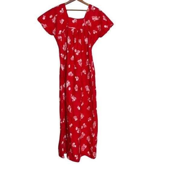 Vintage Floral Square Neck Smocked Trim Lounge Night Dress Red Small - Picture 5 of 5